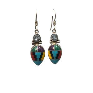 Vintage Native Stone Inlay and Sterling Silver Earrings with Hinged Drop